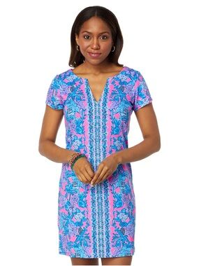 Lilly Pulitzer Sophiletta Blue Neon Pink Floral Palm Short Sleeve Dress UPF 50+